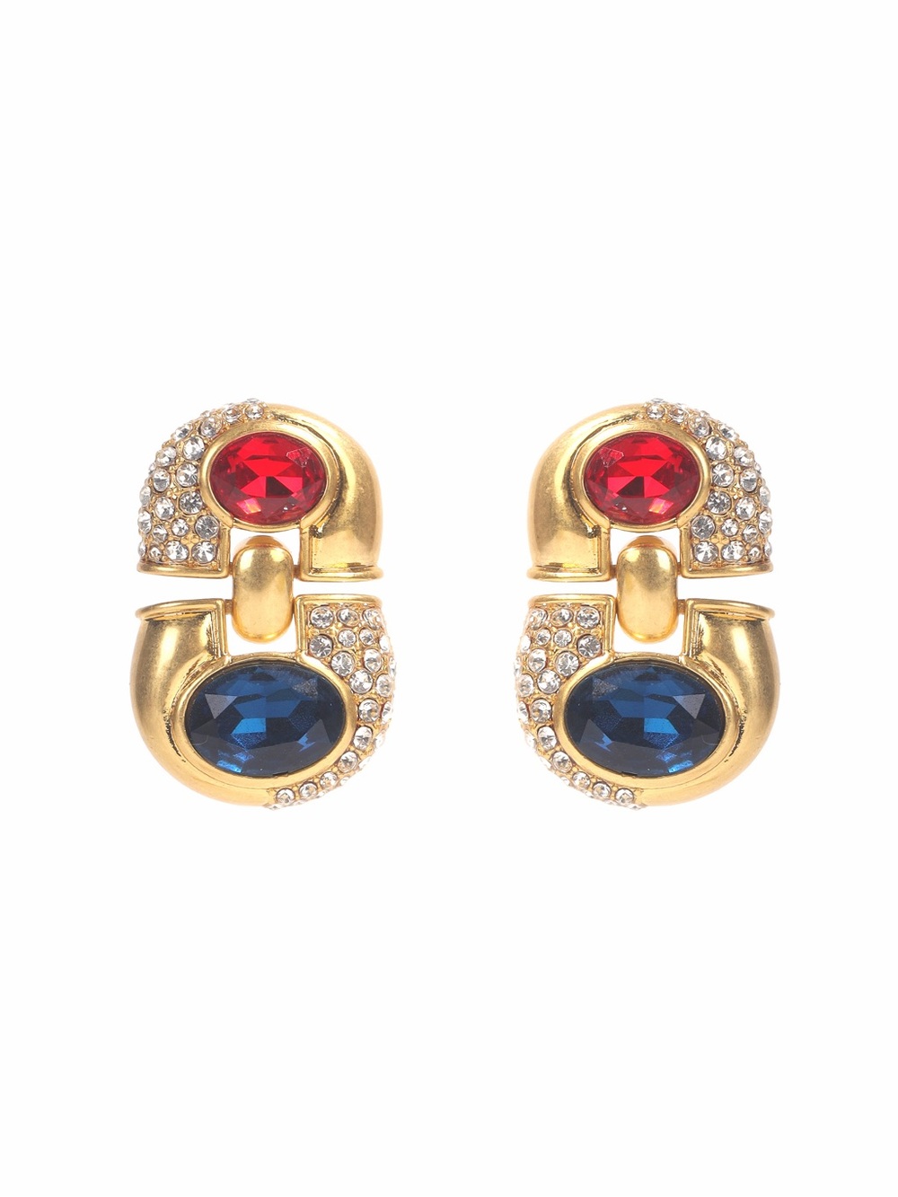 Gold Tone Red & Blue Crystal Clip Earrings with 925 sterling silver posts